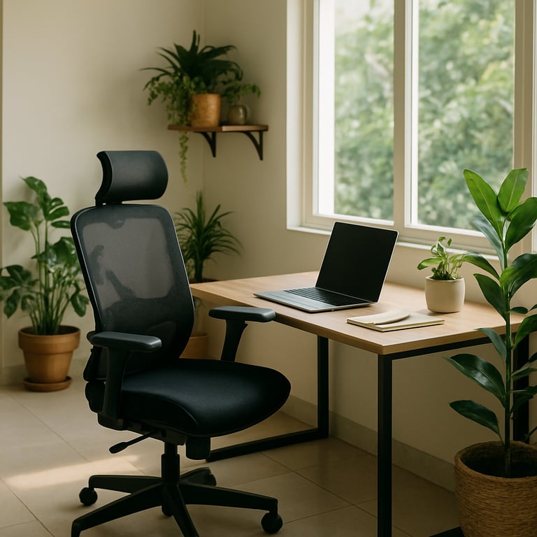 A bright and airy workspace in Indonesia featuring ergonomic furniture and vibrant green plants for a productive atmosphere.