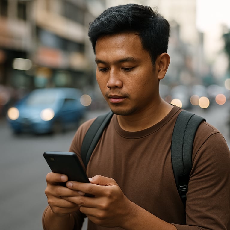 A person in Indonesia successfully using a logistics app on a busy city street, with a blurred urban background.