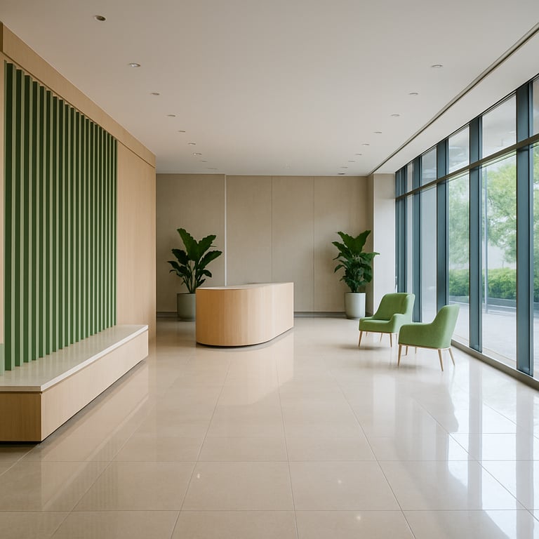 A clean, minimalist office lobby in Jakarta with polished floors and light green decorative elements.