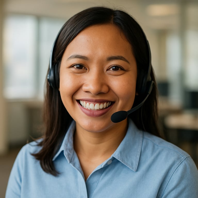 A close-up of a smiling Southeast Asian / Indonesian customer service professional wearing a headset in a bright office.