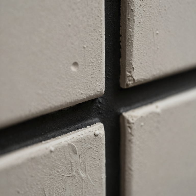Close-up macro detail of raw decaying plaster meeting a sharp, solid black painted line, flat desaturated lighting.