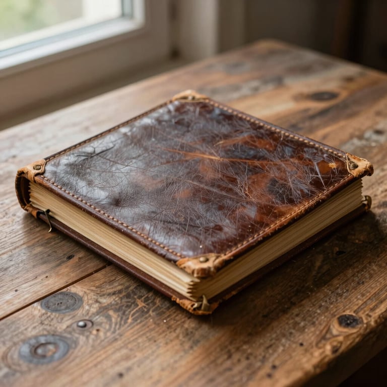Vue rapprochée en plongée d'un vieux carnet en cuir usé posé sur une table en bois brut, éclairé par la lumière douce d'une fenêtre latérale, texture du papier jauni visible.