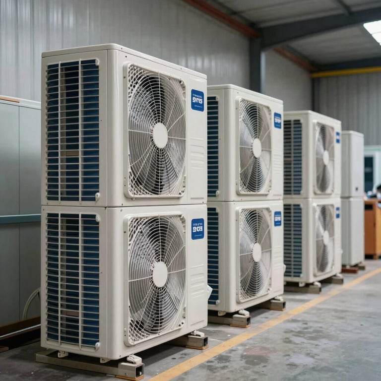 A row of brand new, high-efficiency AC units ready for sale in a clean warehouse. Dark Navy Blue accents.
