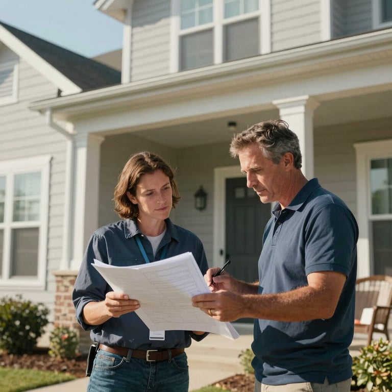 Two professionals discussing an AC installation plan outside a North American / US residential building. Sunny and bright.