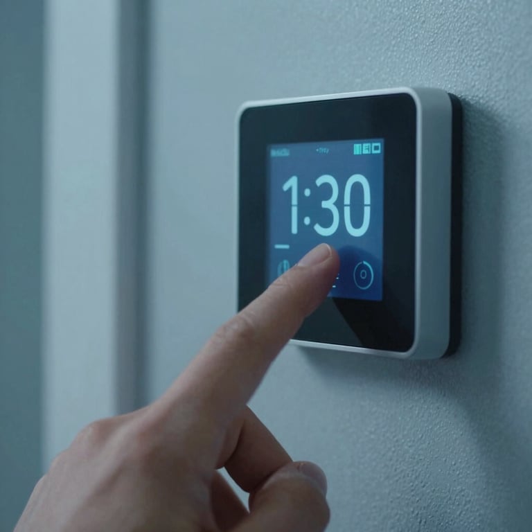 A close-up of a modern smart thermostat being adjusted to a cool temperature in a North American / US house. Light Steel Blue tones.