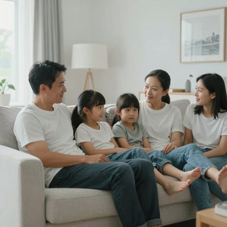 A family relaxing comfortably on a sofa in a cool, well-lit North American / US living room. Soft Icy White aesthetic.