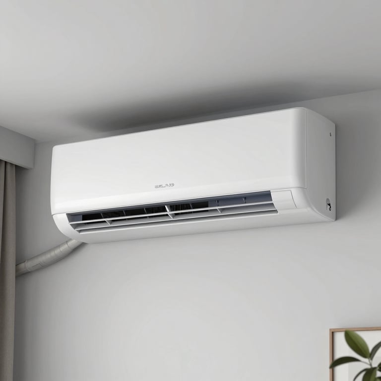 A sleek, new indoor AC unit mounted on a wall in a modern North American / US living room. Icy White and Steel Blue tones.