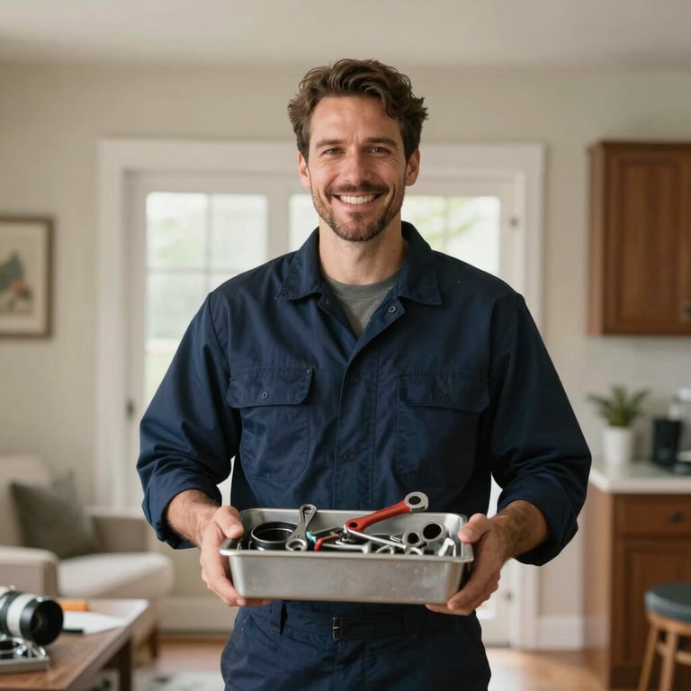 A friendly technician carrying tools towards a North American / US home, wearing a Dark Navy Blue uniform.