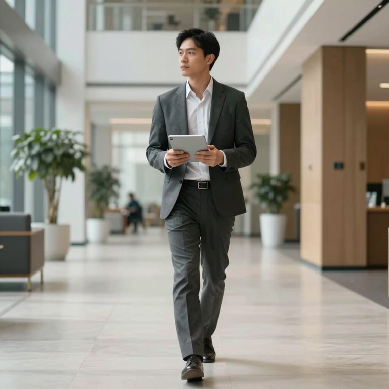 A professional in business attire holding a tablet while walking through a bright, contemporary North American office lobby.