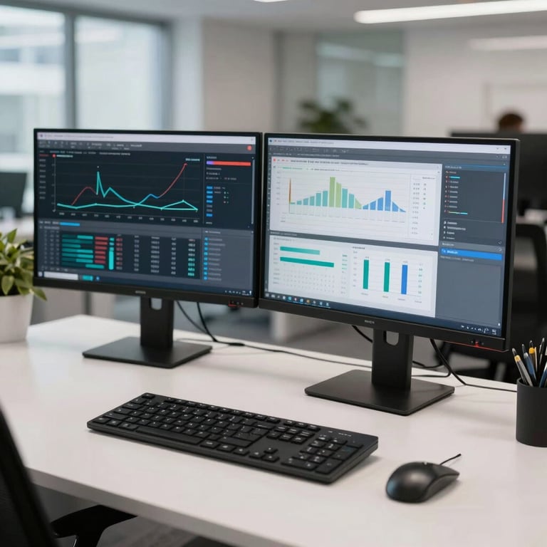 An innovative digital workspace with dual monitors showing data analytics, set in a premium US consultancy office. White and black theme.