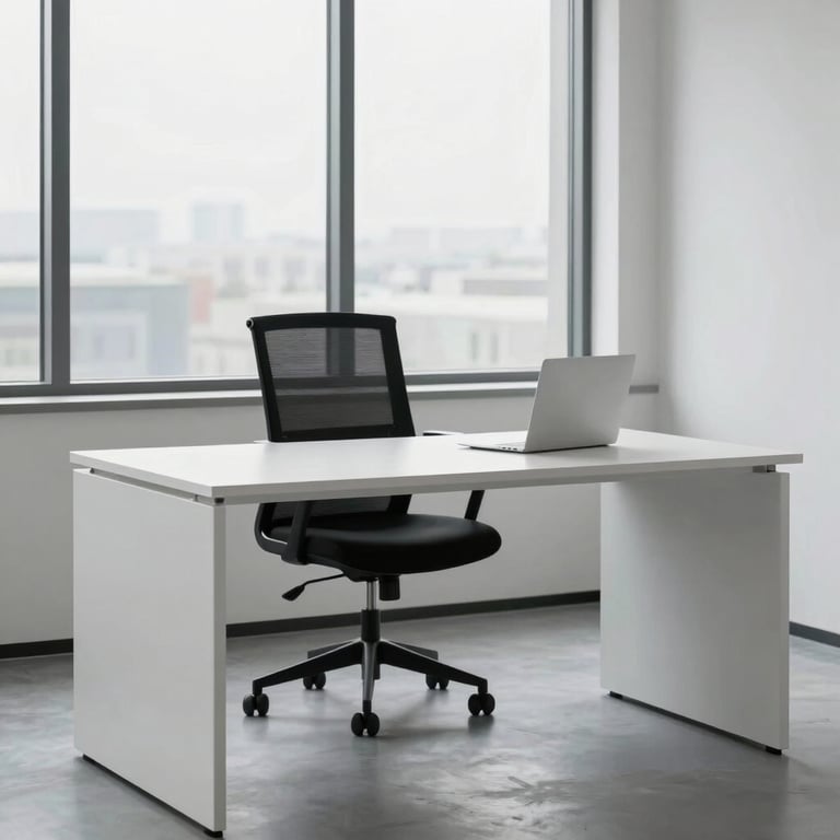 A minimalist North American office scene featuring a clean white desk, a single black designer chair, and a large window with soft daylight.