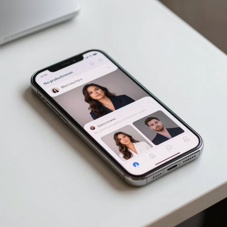 A close-up of a high-end smartphone on a white desk, displaying a professional marketing interface. Clean, modern photography style.