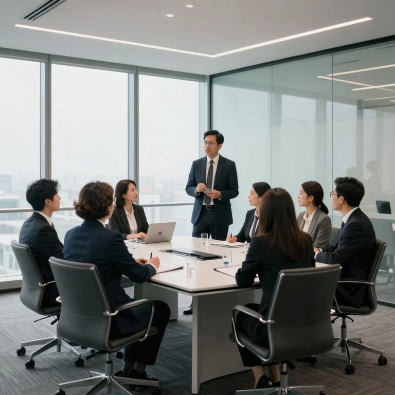 A professional collaboration in a sleek, glass-walled North American conference room. The atmosphere is sophisticated with white and grey tones.