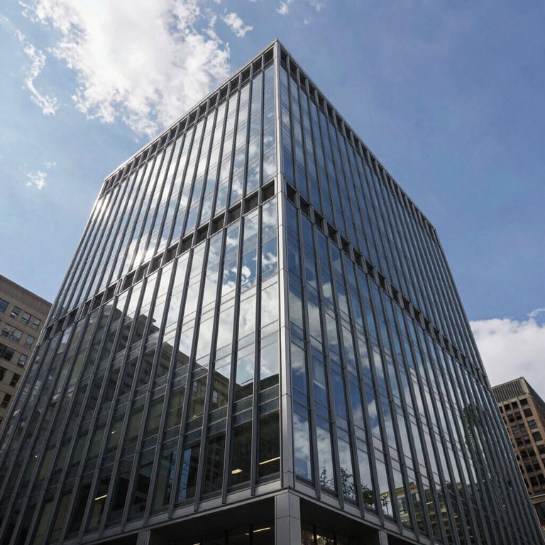 A low-angle shot of a modern glass and steel office building in a major US city, reflecting a clear sky and white clouds.