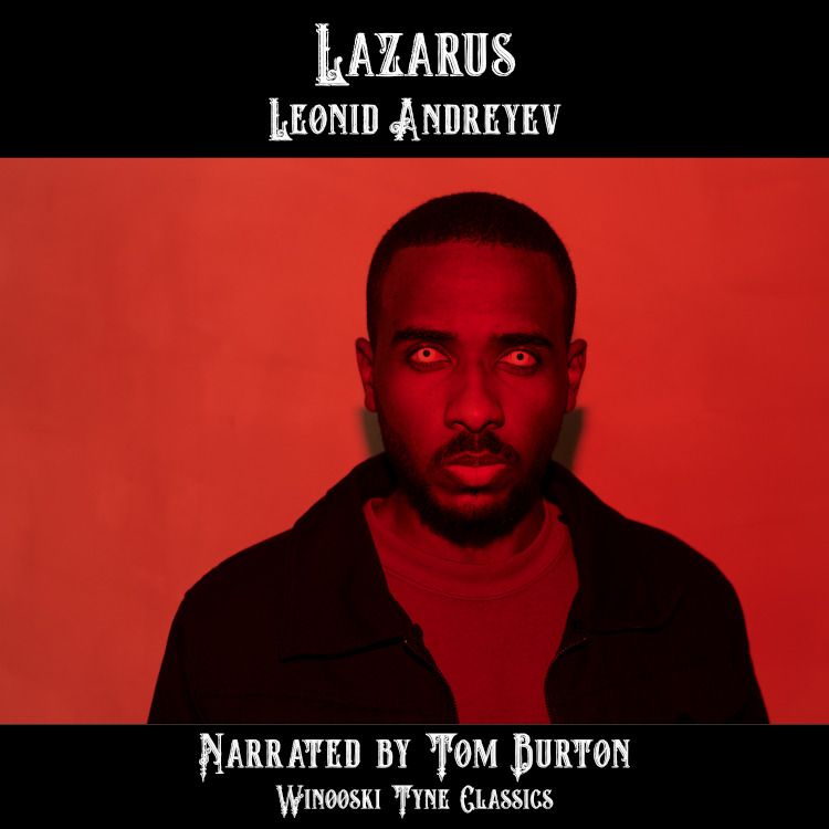 Lazarus audiobook cover. A man in a black jacket and a red background