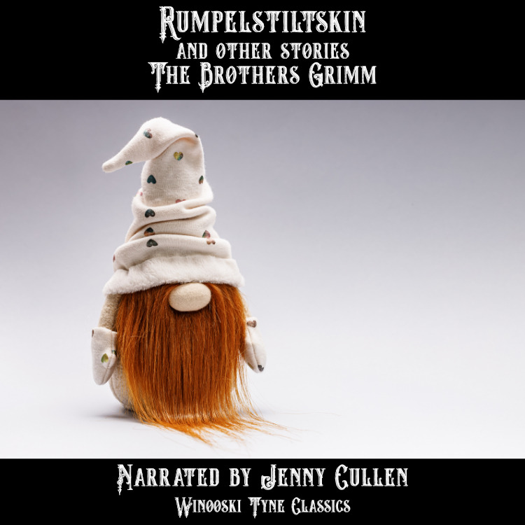 Rumpelstiltskin audiobook cover - a gnome with a hat on his head and a red hair with a beard