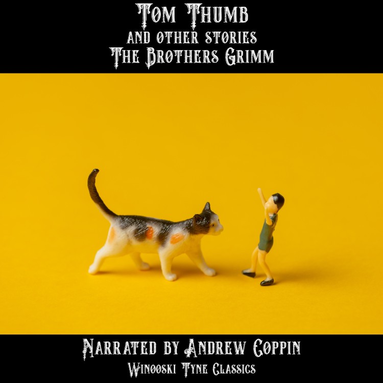 Tom Thumb audiobook cover - a cat and a small man standing next to each other