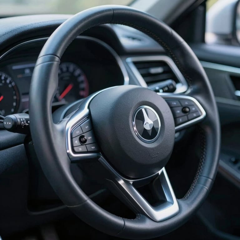 Soft-focus shot of the steering wheel and dashboard at night, glowing with subtle steel grey blue light.