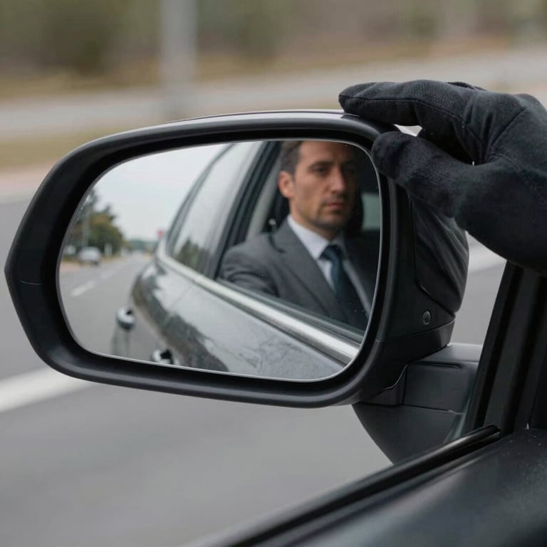 A gloved hand adjusting the rearview mirror of a black car, reflecting a professional driver in a charcoal grey suit.