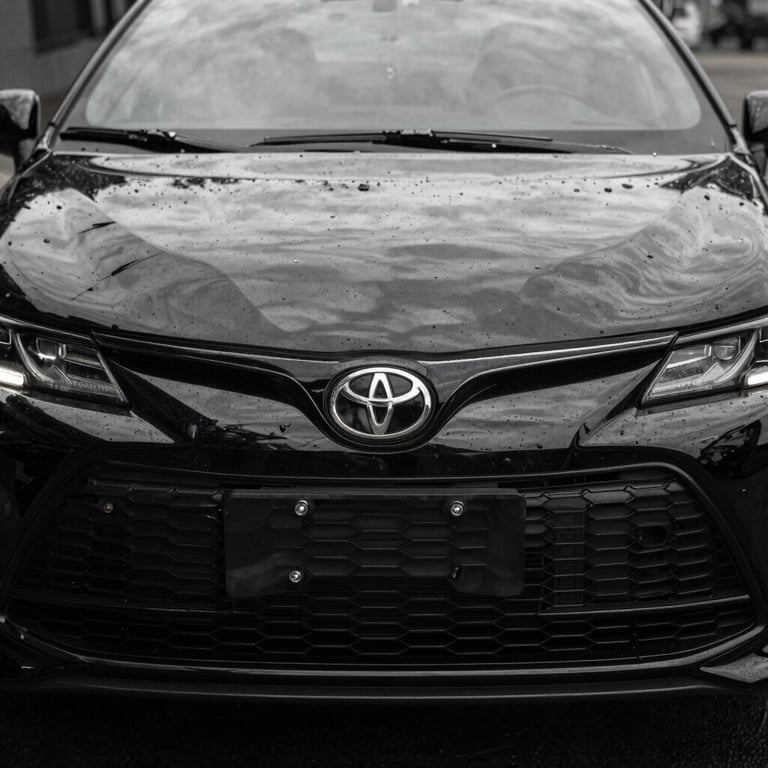 Front grill of a black Toyota Corolla with the Uni Executivo logo subtly integrated into the environment, shot in high-contrast black and grey.