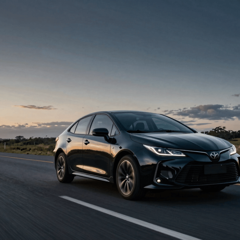 Macro shot of the black leather upholstery and stitching inside a Toyota Corolla, highlighting luxury textures in a South American / Brazilian executive setting.