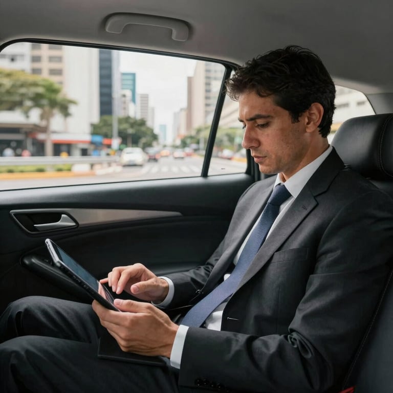 A passenger in a business suit working on a tablet in the spacious backseat of a car, traveling through a South American / Brazilian financial district.