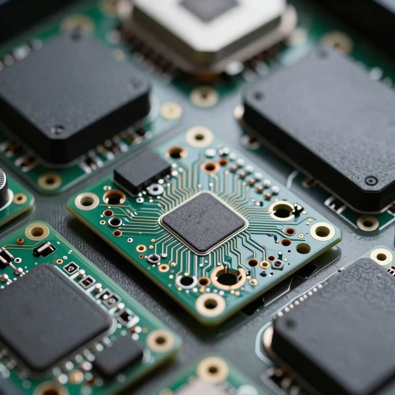 Macro shot of clean, revalorized computer components and circuit boards, cool technical lighting, structured grid feel.