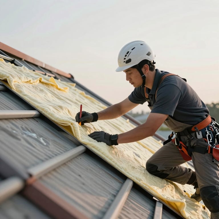 A professional roofer inspecting roof insulation in an attic, soft natural light, focused on efficiency.