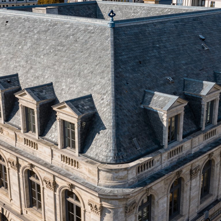 An overview of a renovated historic building with a new slate roof, elegant architecture, daylight.