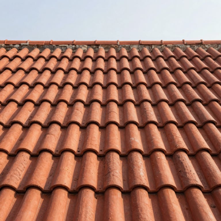 Rows of perfectly aligned red clay roof tiles under a bright sky, professional photography style.