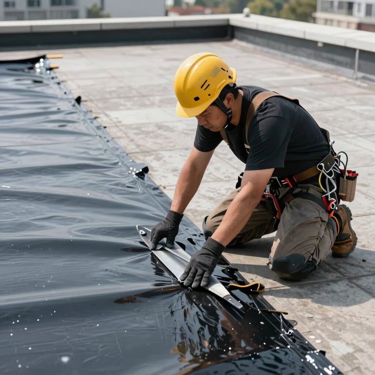 A roofer applying waterproof membrane to a flat roof terrace, technical focus, clean environment.
