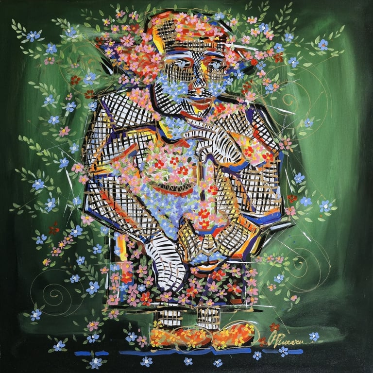 Quadratische Leinwand mit expressiven Farbfeldern und weißen Linien – „Intuition“, Romeo Opincaru