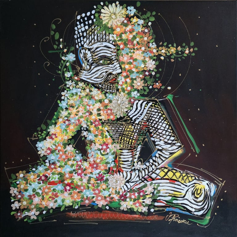 Figur in weiß-schwarzer Linienzeichnung, von farbigen Blüten und goldenen Punkten umgeben – Askese