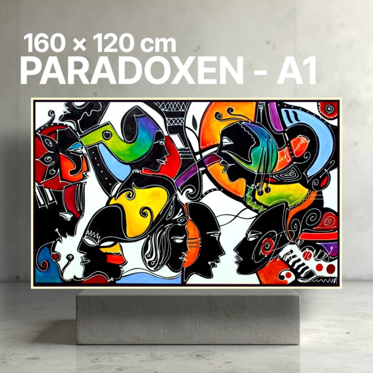 Abstraktes und figuratives Gemälde von Romeo Opincaru, lebendige Farben, Acryl auf Leinwand