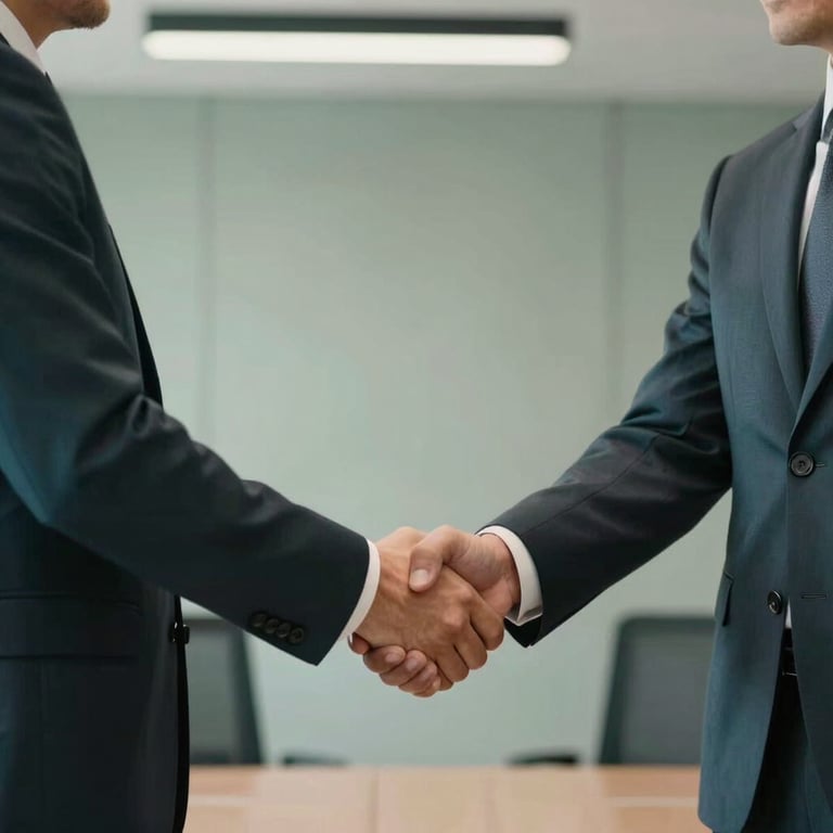 A professional handshake between two executives in suits, dark teal and muted sage office interior.