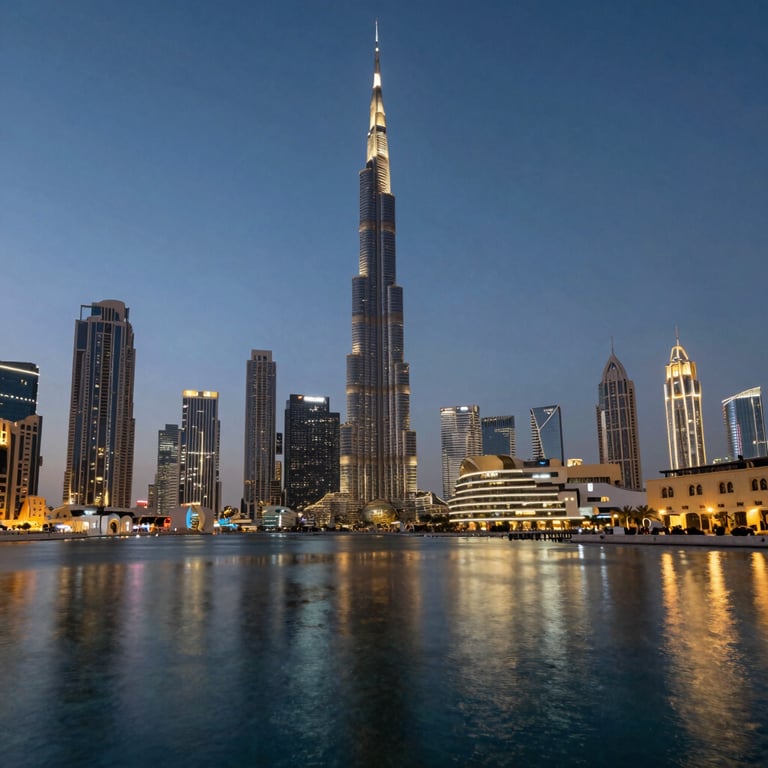 The modern, illuminated skyline of Dubai representing UAE trade, reflected in water.