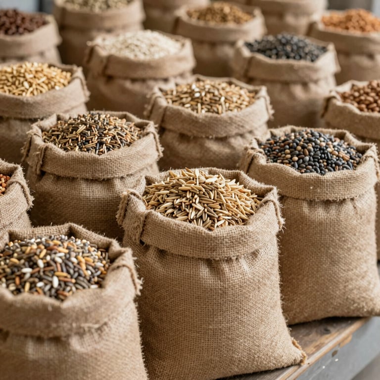 Burlap sacks filled with various agricultural seeds in a clean, warehouse setting.