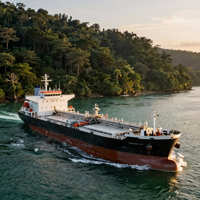 An oil tanker moving across deep forest green ocean waters at sunset.