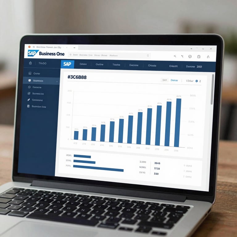 A sleek laptop showing a customized SAP Business One dashboard with business growth charts in #3C6B8D tones.