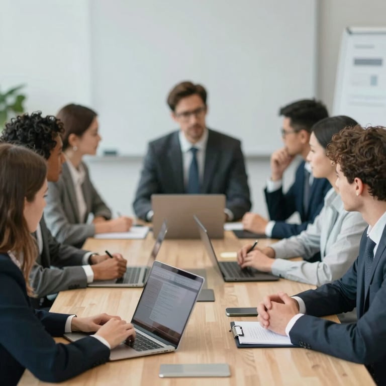 A group of diverse professionals in a strategic technology meeting, emphasizing trust and collaboration.