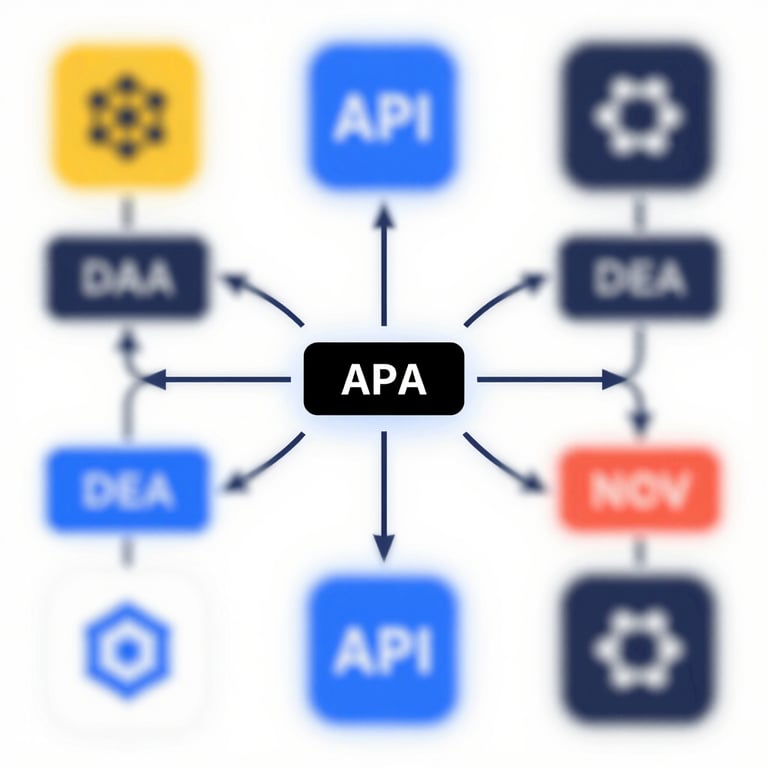 Abstract digital representation of API integration and data flow using brand colors.