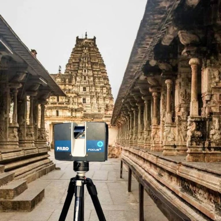 A FARO Focus laser scanner on a tripod in the foreground, meticulously capturing the detailed ancient architecture of a