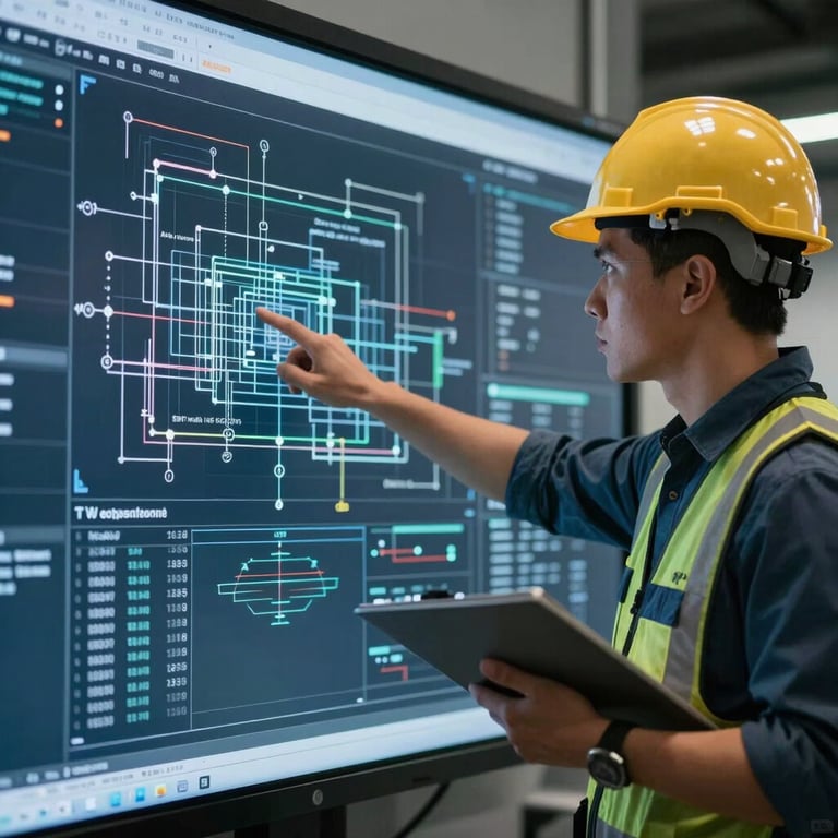 A professional engineer pointing at digital blueprints on a large high-definition screen.