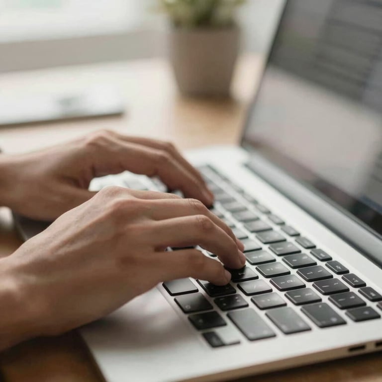 Close up of hands typing on a sleek keyboard in a modern South American tech hub, soft morning light.