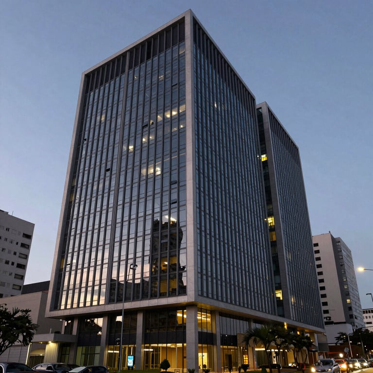 Exterior of a modern architectural office building in a Brazilian metropolitan area at dusk.
