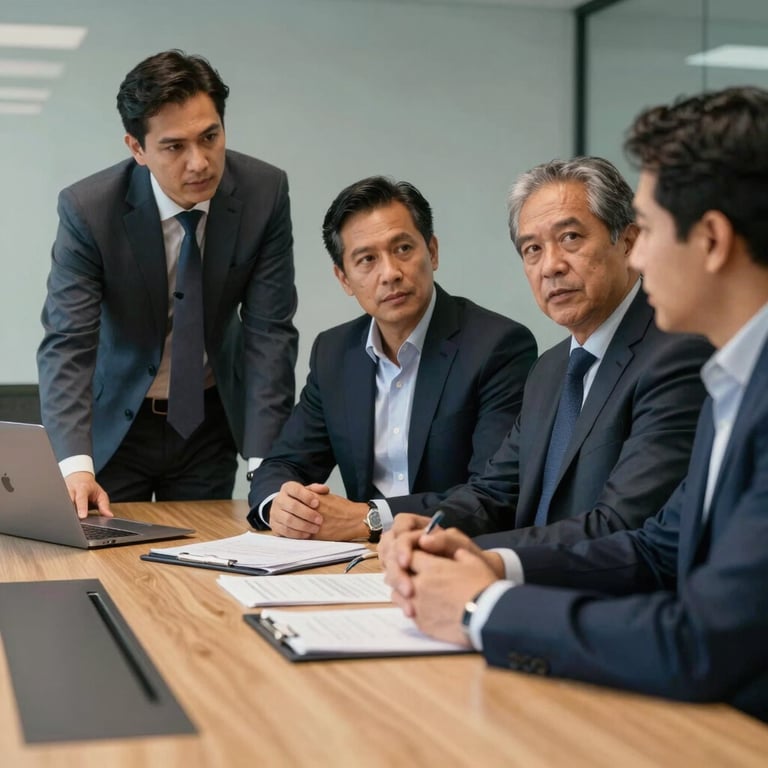 Group of South American professionals in a boardroom discussing technical solutions, focused mood.