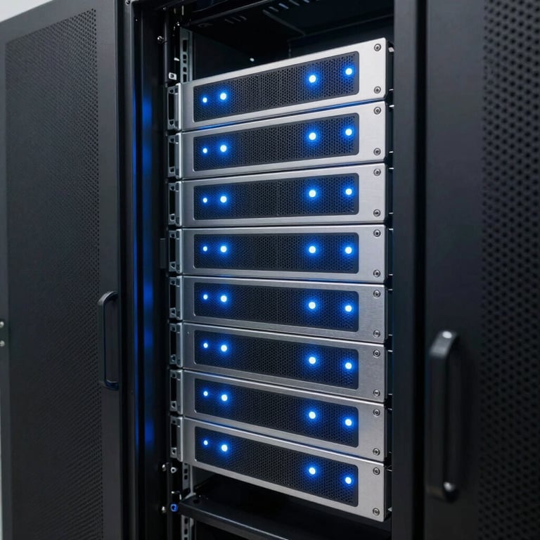 Clean and organized server rack room with steel blue and light blue status lights flickering.