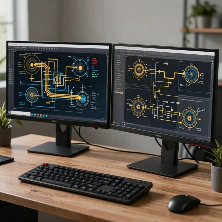A modern workstation in Brazil featuring dual monitors with complex engineering diagrams and gold accents.