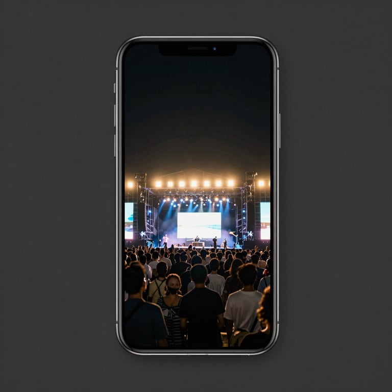 An outdoor music festival at night displayed on a smartphone, with bright stage lights contrasting against a dark charcoal gray background.