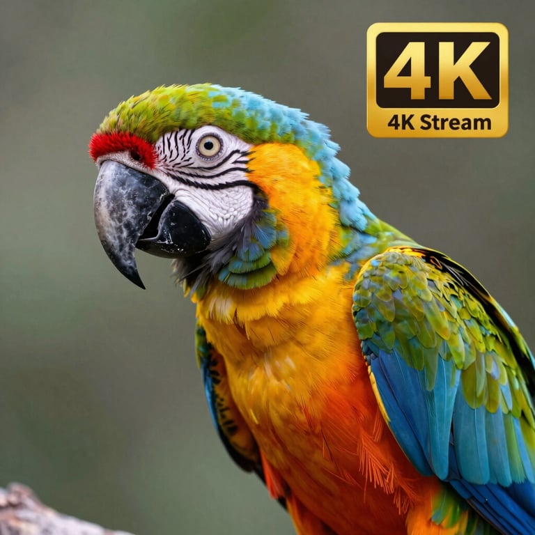 A close-up of a 4K nature documentary showing a colorful parrot with vivid feathers, illustrating the high color accuracy of the stream.